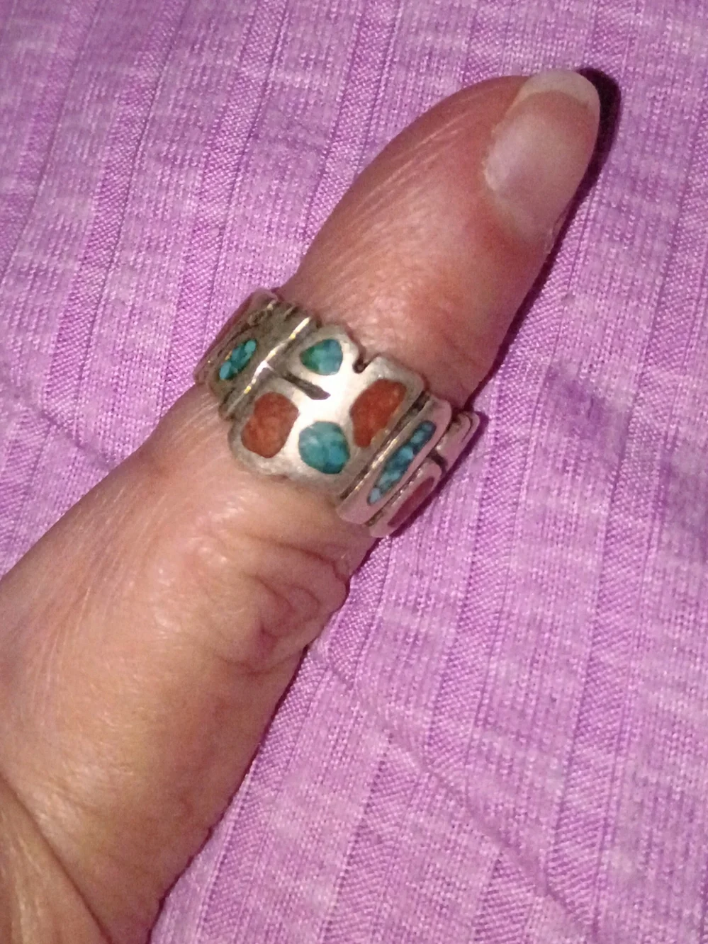 Sterling Silver Turquoise & Coral Inlay Women's Ring